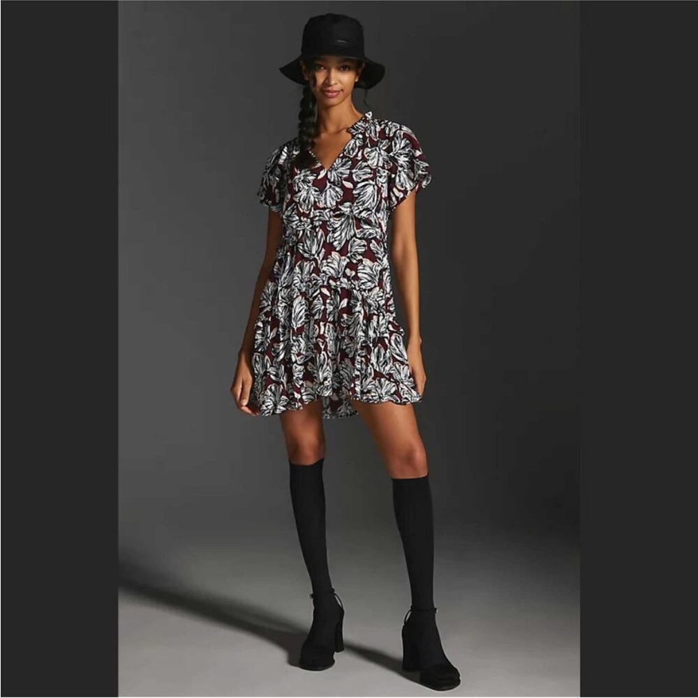 By Anthropologie Robin Mini Tunic Dress tiered ruffle red white flower